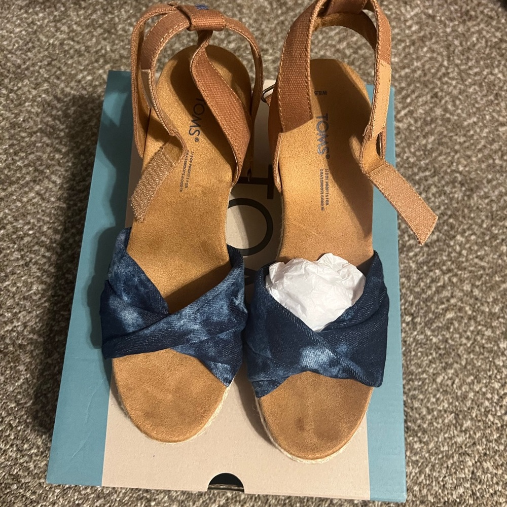 Toms Blue and Tan Espadrilles with Ankle Strap